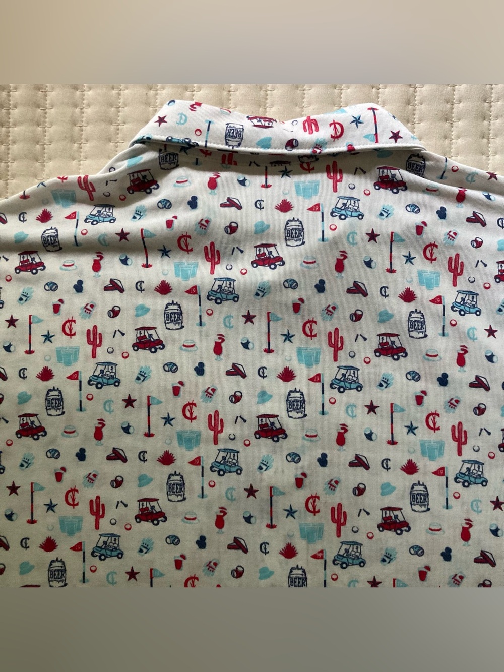 Criquet Golf Beer Themed AOP Polo Shirt Men’s XL White Red Blue Poly Pima Cotton - Picture 5 of 10